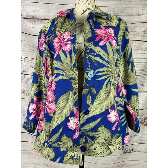 Chicos 1 Tahiti Tropis Linen Jacket Women M Button Front Side Pocket Long Sleeve - Picture 1 of 14